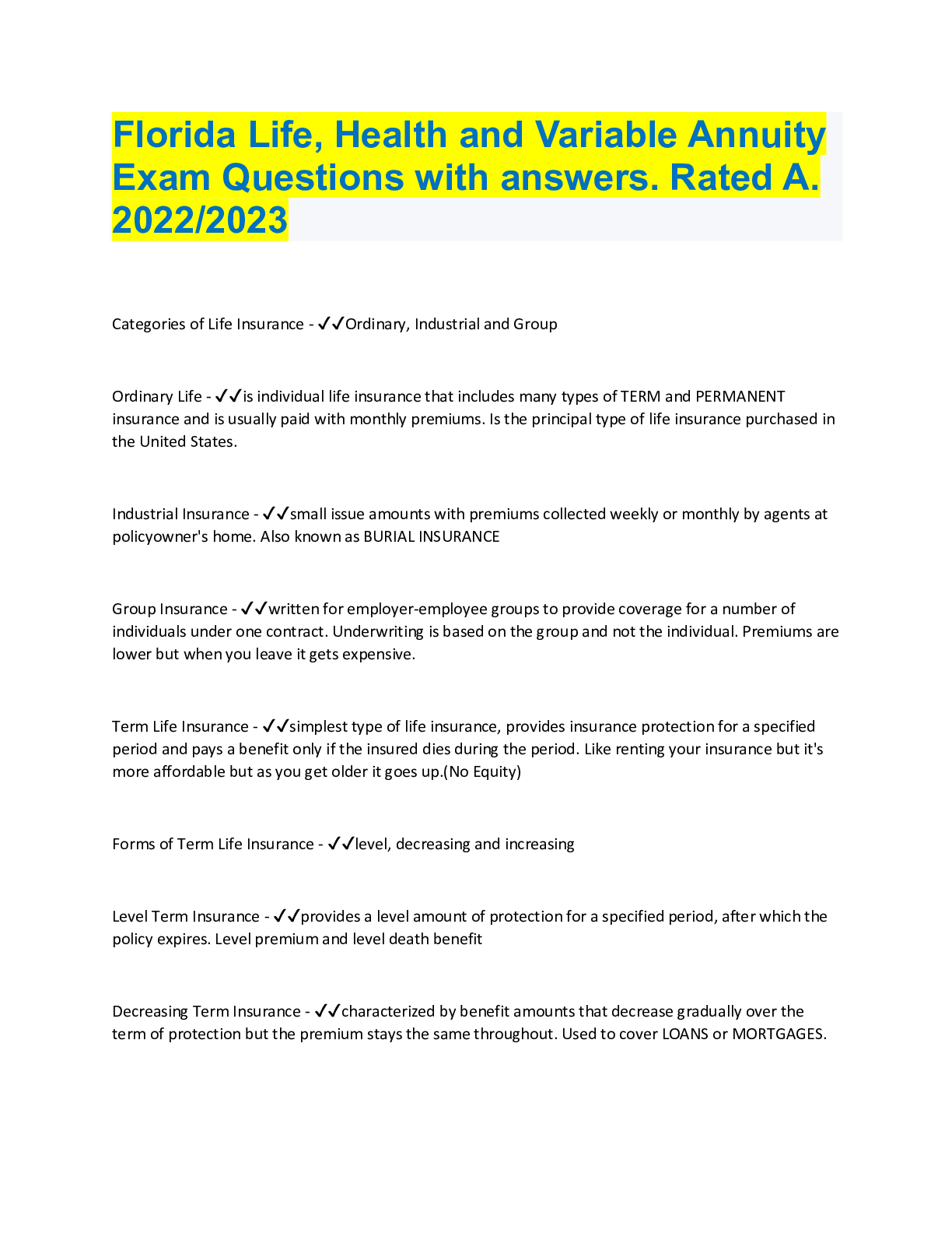 Preview image for Florida Life, Health and Variable Annuity Exam Questions with answers. Rated A. 2022/2023